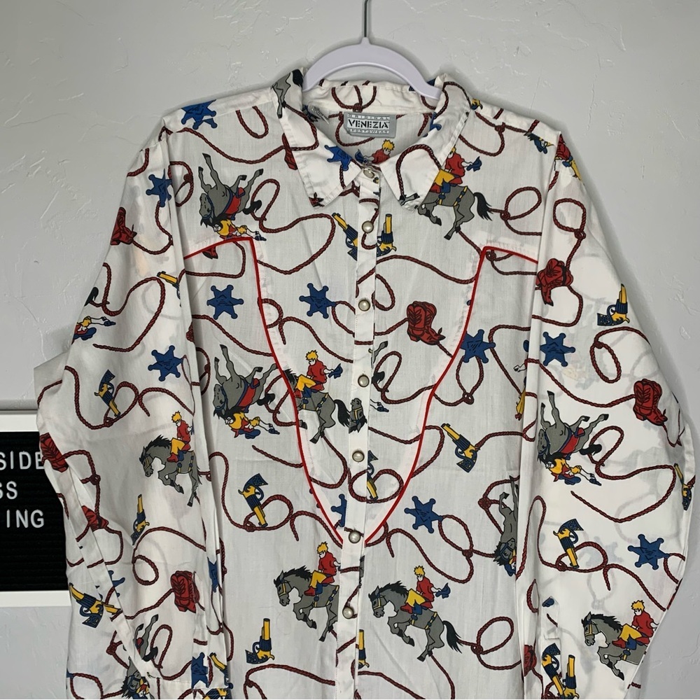 Venezia Cowboy Rodeo Western Button Up Blouse Vintage Style Top Size Large - Picture 2 of 16